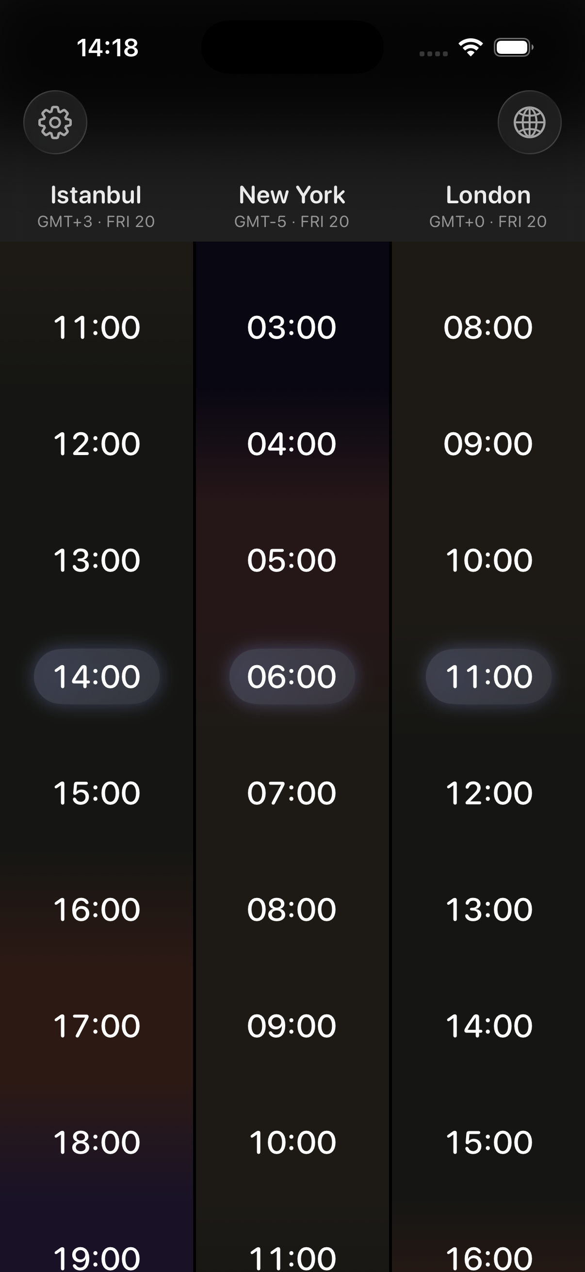 Meridian app showing synchronized timezones for London, Istanbul, and New York