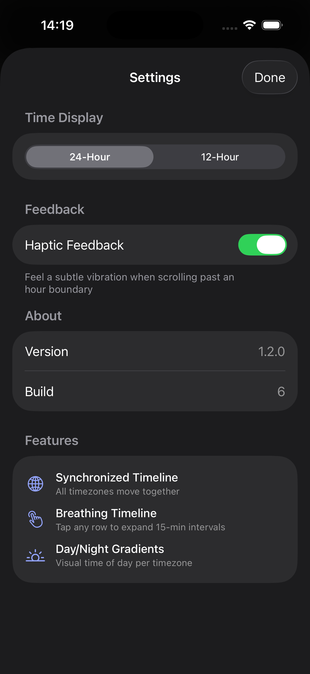 Meridian App day/night gradient visualization